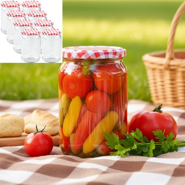 8er Set Einmachgläser - 720ml mit Schraubdeckel (Karo-Muster) - Praktische Sturzgläser ideal zum Einkochen von Marmelade & als Vorratsglas
