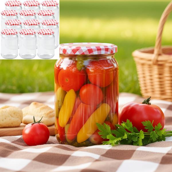 12er Set Einmachgläser - 720ml mit Schraubdeckel (Karo-Muster) - Praktische Sturzgläser ideal zum Einkochen von Marmelade & als Vorratsglas