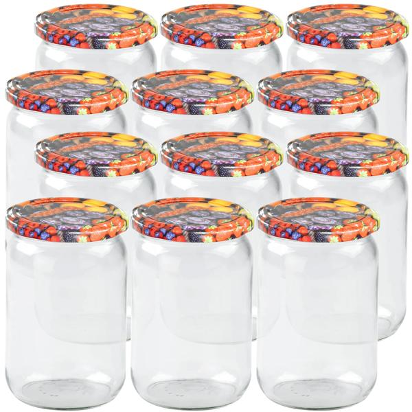 12er Set Einmachgläser - 720ml mit Schraubdeckel (Früchte-Muster) - Praktische Sturzgläser ideal zum Einkochen von Marmelade & als Vorratsglas
