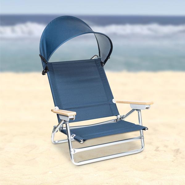 Deluxe Strandstuhl mit Sonnenschutz, verstellbarer Rückenlehne & hölzernen Armlehnen, für entspannte Stunden am Strand