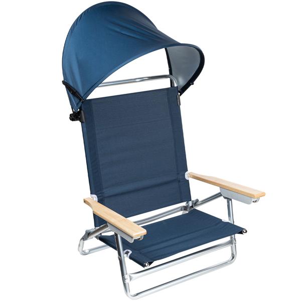 Deluxe Strandstuhl mit Sonnenschutz, verstellbarer Rückenlehne & hölzernen Armlehnen, für entspannte Stunden am Strand