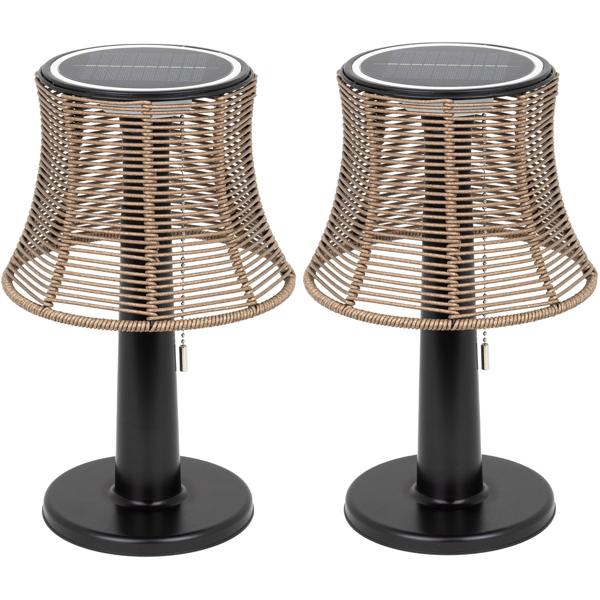 2er-Set Retro LED-Solar-Tischlampe mit Lampenschirm in Rattan-Optik , 21 x 33 cm, stimmungsvolle Beleuchtung für Garten & Terrasse, kabellos