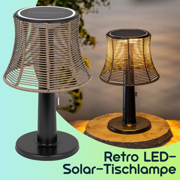 2er-Set Retro LED-Solar-Tischlampe mit Lampenschirm in Rattan-Optik , 21 x 33 cm, stimmungsvolle Beleuchtung für Garten & Terrasse, kabellos