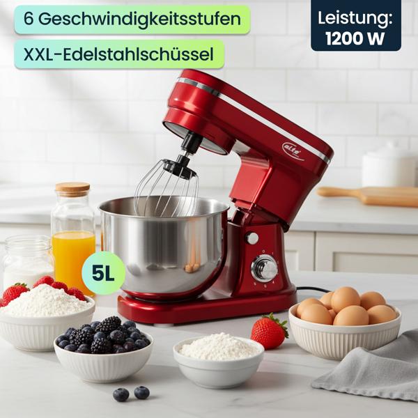 Design Küchenmaschine, edles Rot-Silber, 5 l Edelstahl-Schüssel, 1200 W - Hochwertig, modern & leistungsstark, für Backen, Kochen & mehr