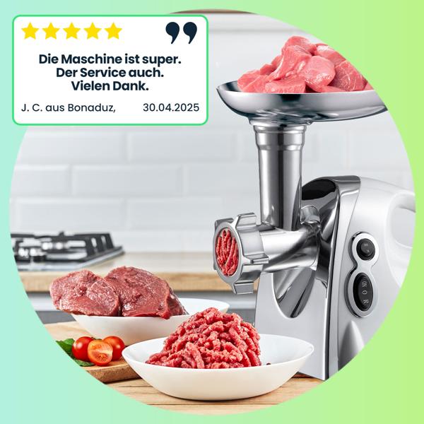 Professioneller elektrischer Fleischwolf, 1200W, silber-weiss, Edelstahl & Aluminium, 3 Lochscheiben, Wurstfüller, Premium-Qualität