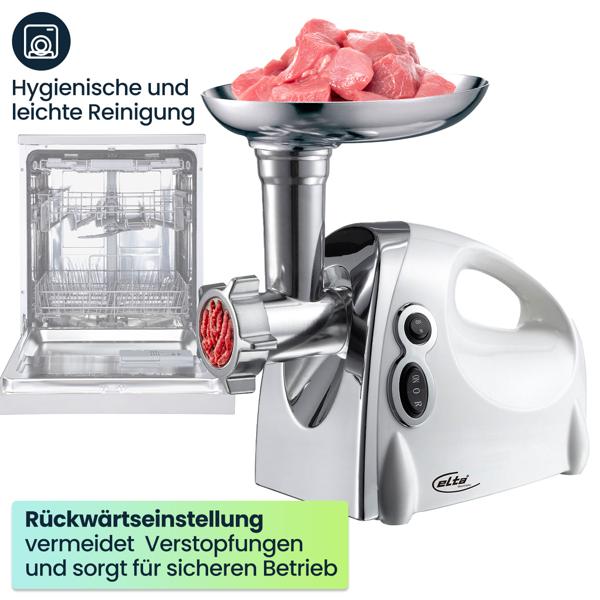 Professioneller elektrischer Fleischwolf, 1200W, silber-weiss, Edelstahl & Aluminium, 3 Lochscheiben, Wurstfüller, Premium-Qualität