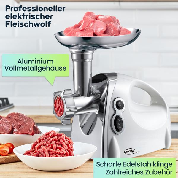 Professioneller elektrischer Fleischwolf, 1200W, silber-weiss, Edelstahl & Aluminium, 3 Lochscheiben, Wurstfüller, Premium-Qualität