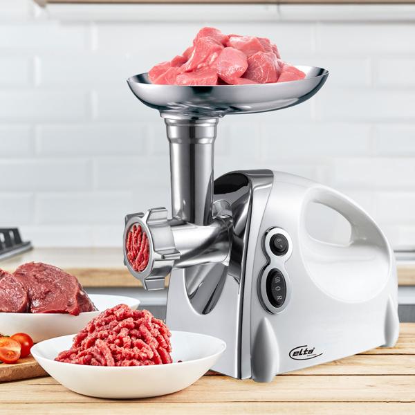 Professioneller elektrischer Fleischwolf, 1200W, silber-weiss, Edelstahl & Aluminium, 3 Lochscheiben, Wurstfüller, Premium-Qualität