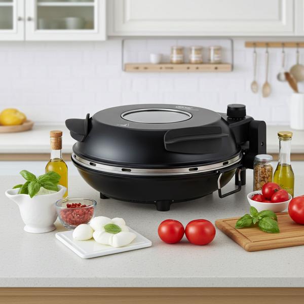 Professioneller elektrischer Pizzaofen mit Pizzastein, Ø 32 cm, 330°C bis 360°C, schnelles Aufheizen, knusprige Pizza, ideal für Party & Familie