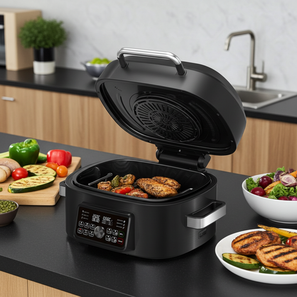 Multi Heissluftgrill, 6 Liter, 1660 W, 120°-265°C - trendiges LED Sensor Touch Display, fettarm & vielseitig, Grillen, Braten, Backen & mehr