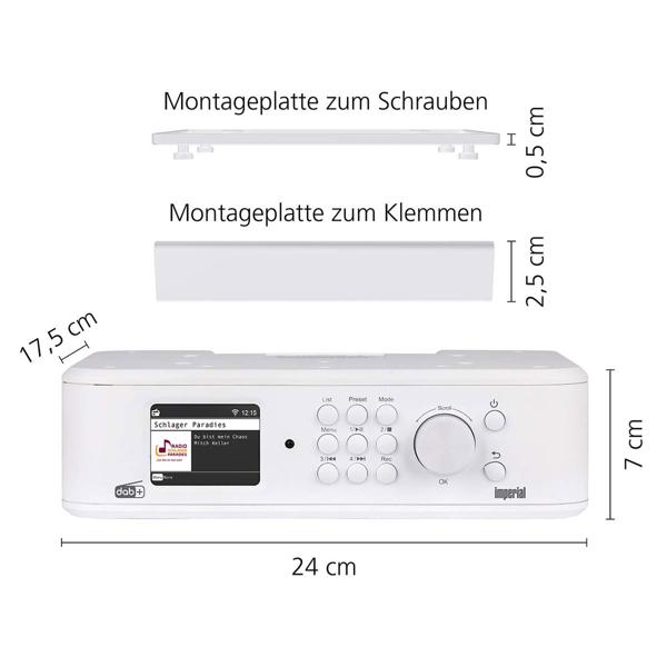 Moderna radio da cucina sottopiano DAB+/FM, bianca, con sistema di allarme di emergenza EWF e display a colori TFT LCD, compatta, sicura e versatile
