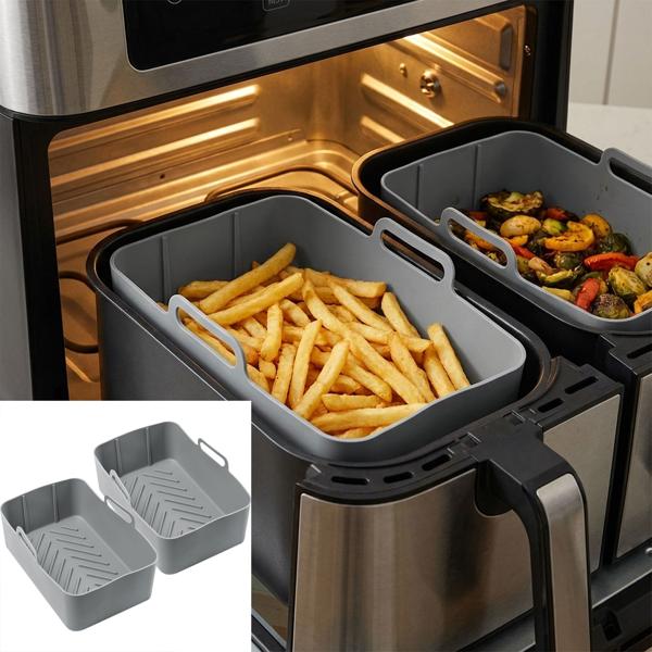 2er-Set Hochwertige Silikonform für Dual-Heissluftfritteuse, grau, 20 x 12,7 x 7 cm, Antihaft, hitzebeständig & spülmaschinenfest