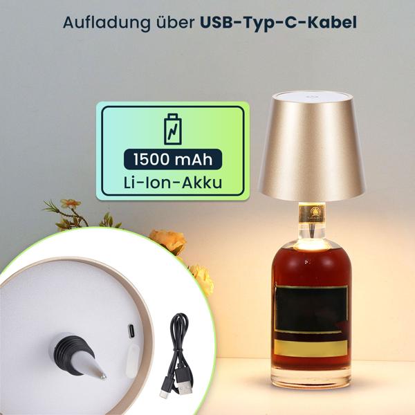 Edle Akku Flaschenlampe Gold: Dimmbar, 3 Lichtfarben: Verwandelt Flaschen in stimmungsvolle Leuchten