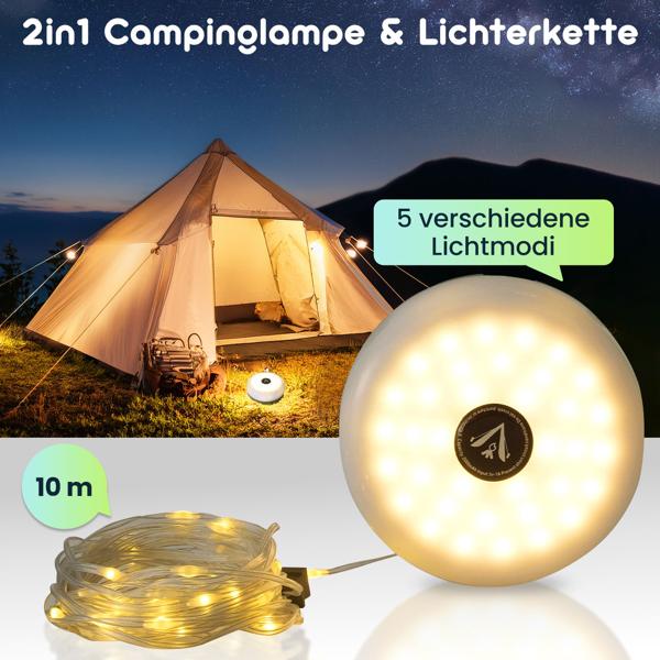 2in1 Campinglampe & Lichterkette 10m: Akku, 5 Lichtmodi, IPX4 – Ein flexibler Outdoor-Begleiter für perfekte Stimmung beim Camping & Zelten