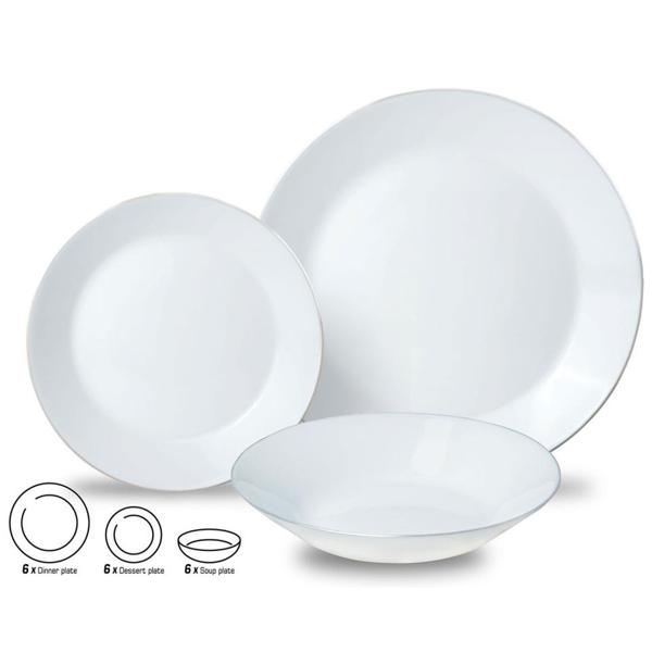 Elegante set di stoviglie 18 pz. (bianco opale, bordo argentato) - in vetro - 6x piatti piani, fondi e da dessert - Senza tempo, di alta qualità, elegante