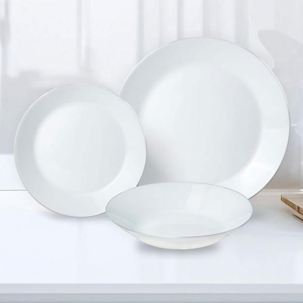 Elegante set di stoviglie 18 pz. (bianco opale, bordo argentato) - in vetro - 6x piatti piani, fondi e da dessert - Senza tempo, di alta qualità, elegante