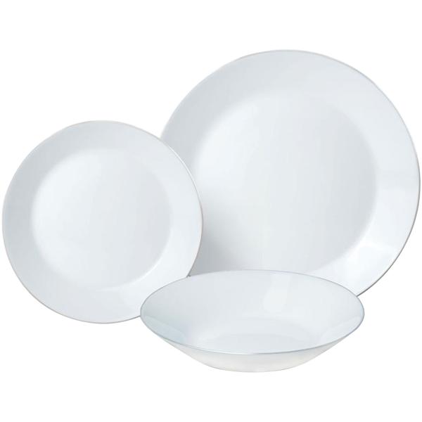 Elegante set di stoviglie 18 pz. (bianco opale, bordo argentato) - in vetro - 6x piatti piani, fondi e da dessert - Senza tempo, di alta qualità, elegante