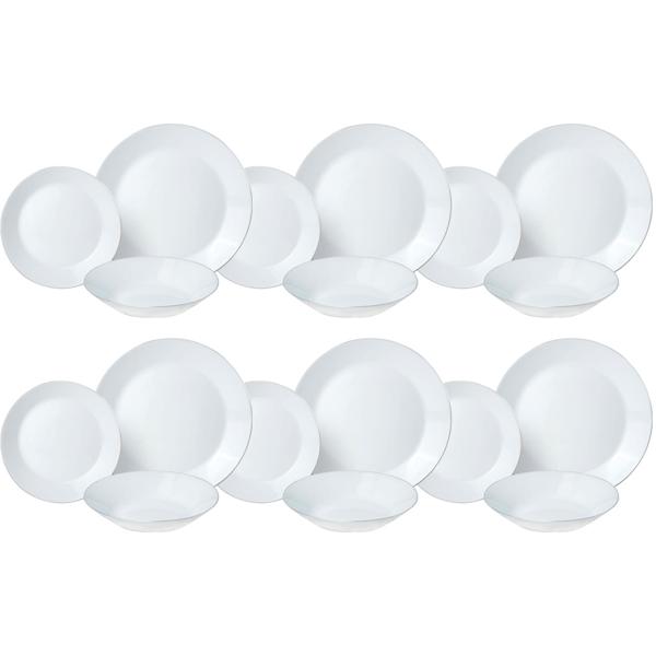 Elegante set di stoviglie 18 pz. (bianco opale, bordo argentato) - in vetro - 6x piatti piani, fondi e da dessert - Senza tempo, di alta qualità, elegante