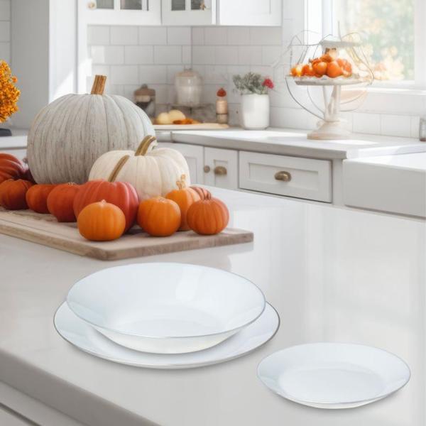 Elegante set di stoviglie 18 pz. (bianco opale, bordo argentato) - in vetro - 6x piatti piani, fondi e da dessert - Senza tempo, di alta qualità, elegante