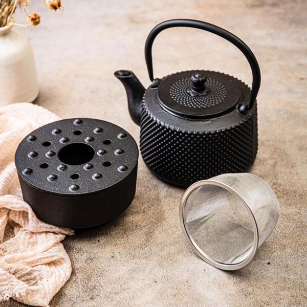 Elegante Teekanne mit Rechaud aus Gusseisen, schwarz: für langanhaltende Wärme & stilvollen Teegenuss