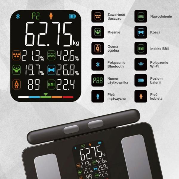 Profi Personenwaage mit Handsensoren & digitalem Farbdisplay, schwarz: umfangreiche Körperanalyse für Gesundheit & Fitness, präzise Messungen