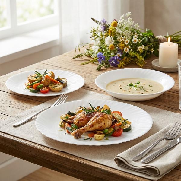 Edles 18-teiliges Geschirr-Set aus Glas, weiss, wellenförmiger Rand: Hochwertig, stilvoll und zeitlos