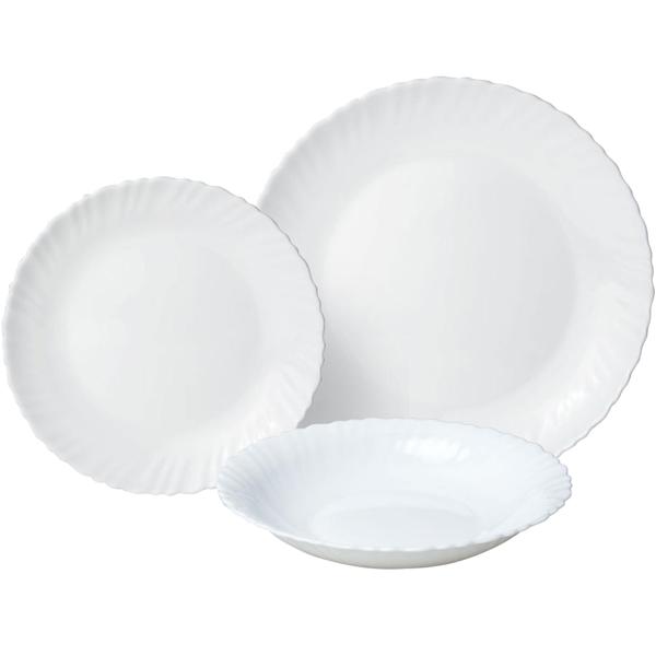 Edles 18-teiliges Geschirr-Set aus Glas, weiss, wellenförmiger Rand: Hochwertig, stilvoll und zeitlos