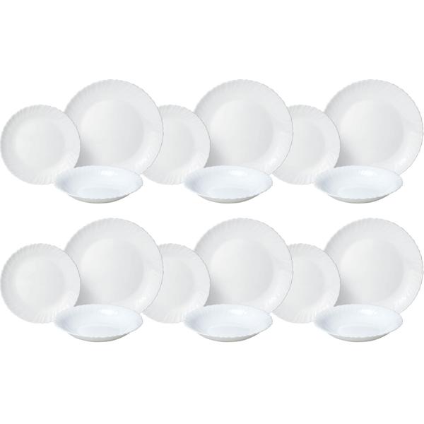 Edles 18-teiliges Geschirr-Set aus Glas, weiss, wellenförmiger Rand: Hochwertig, stilvoll und zeitlos