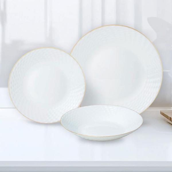 Edles 18-teiliges Geschirr-Set aus Glas opal-weiss mit Goldrand - für 6 Personen - spülmaschinen- & mikrowellengeeignet - hochwertig & zeitlos