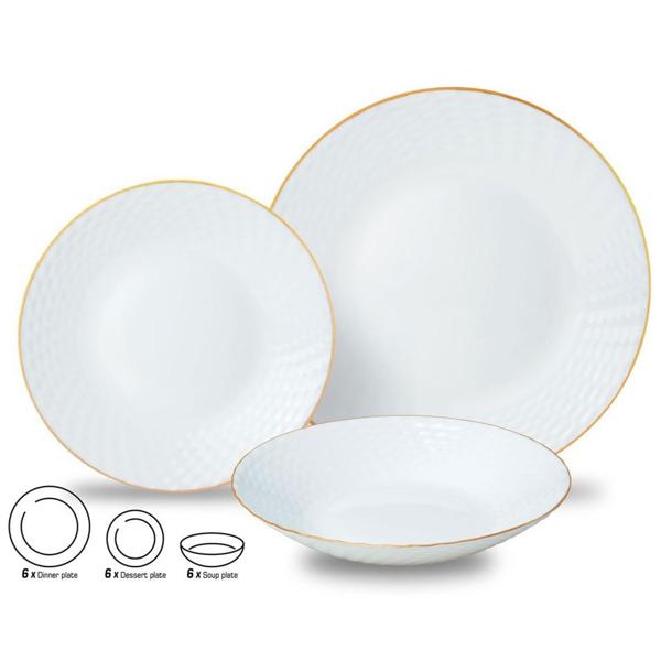 Edles 18-teiliges Geschirr-Set aus Glas opal-weiss mit Goldrand - für 6 Personen - spülmaschinen- & mikrowellengeeignet - hochwertig & zeitlos