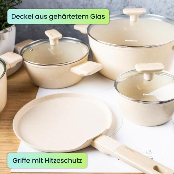 Hochwertiges Design Kochset m. marmorierter Antihaftbeschichtung, inkl. Untersetzer, Glasdeckel, Soft Touch Griffe, 12-teilig, beige