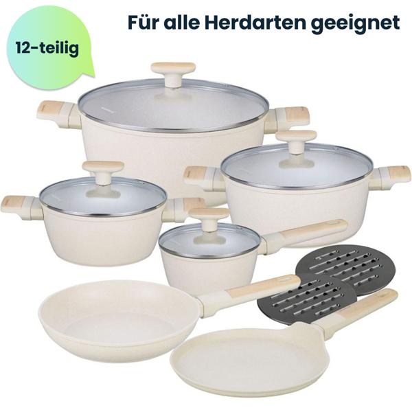 Hochwertiges Design Kochset m. marmorierter Antihaftbeschichtung, inkl. Untersetzer, Glasdeckel, Soft Touch Griffe, 12-teilig, beige
