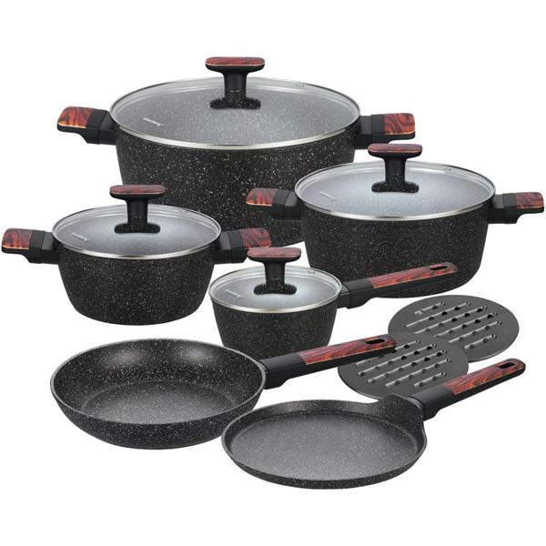 Set de cuisine design de haute qualité avec revêtement marbré anti-adhésif, dessous de plat inclus, couvercle en verre, poignées Soft Touch, 12 pièces, noir