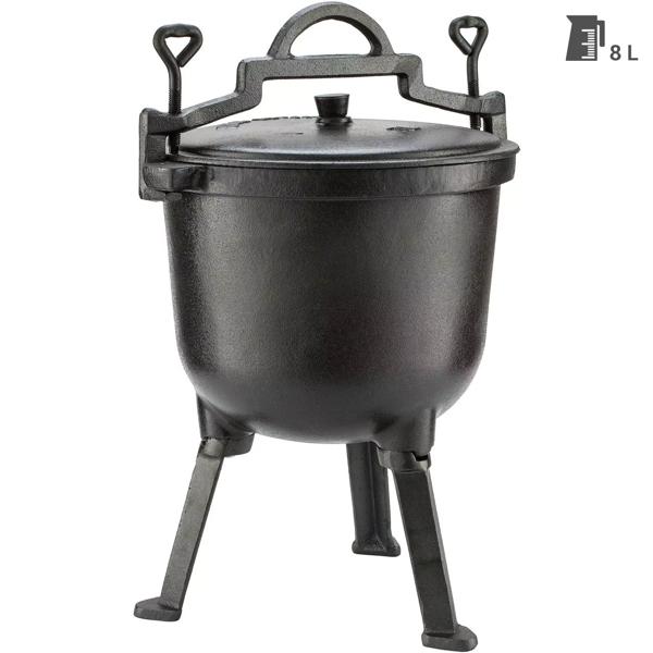 Gusseisen Camping-Kochtopf (8L): Lagerfeuertopf, schwarz, Deckel für schnelles Dampfkochen - Robust, vielseitig, für die Outdoor-Küche