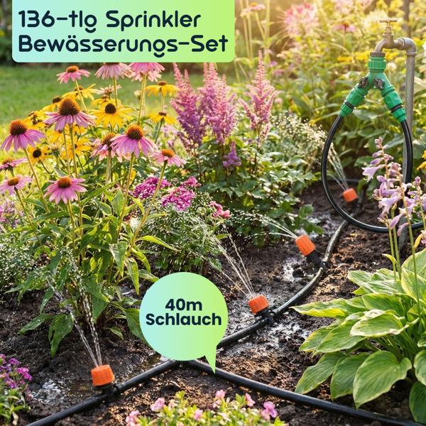 136-tlg Sprinkler Bewässerungs-Set 40m: Zuschneidbar, effizient & wassersparend – Automatische Pflanzenbewasserung fur Garten & Beet