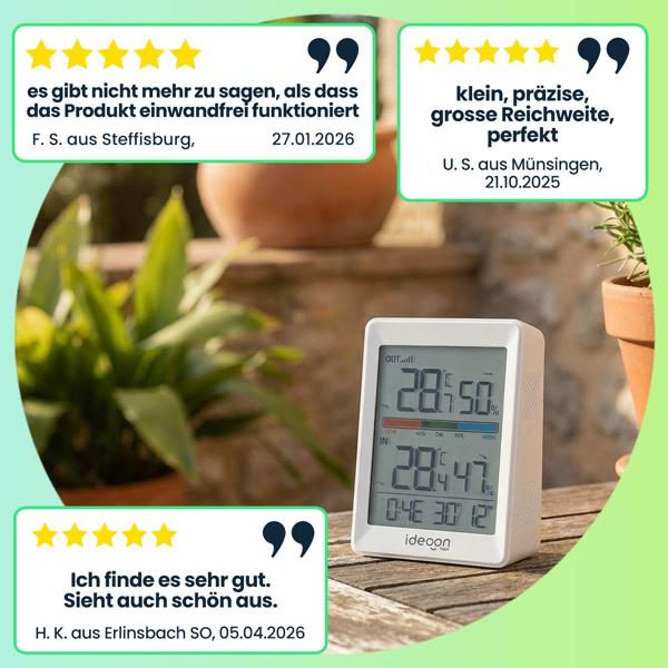 Thermometer und Hygrometer für innen & aussen, inklusive Funk-Aussensensor mit 60m Reichweite - Präzise Messungen für bestes Raumklima