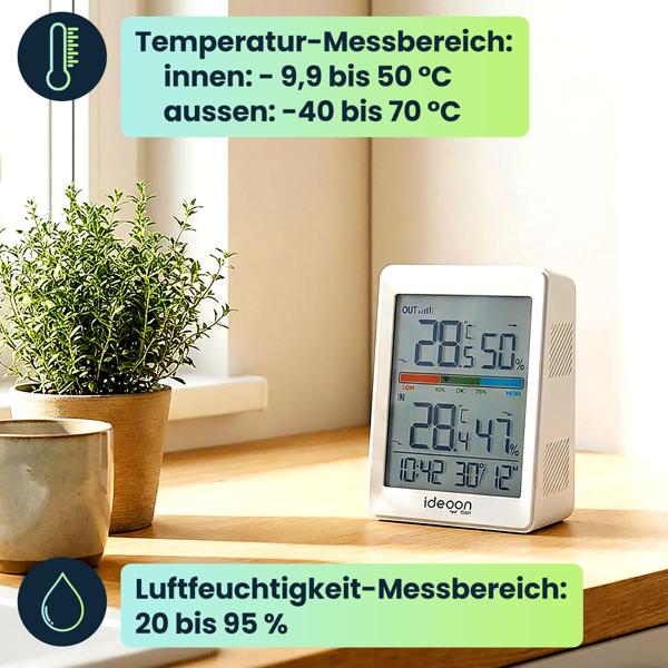 Thermometer und Hygrometer für innen & aussen, inklusive Funk-Aussensensor mit 60m Reichweite - Präzise Messungen für bestes Raumklima