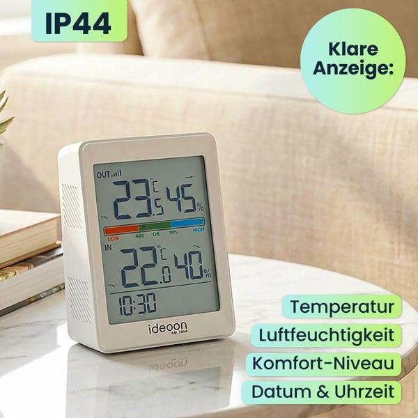 Thermometer und Hygrometer für innen & aussen, inklusive Funk-Aussensensor mit 60m Reichweite - Präzise Messungen für bestes Raumklima