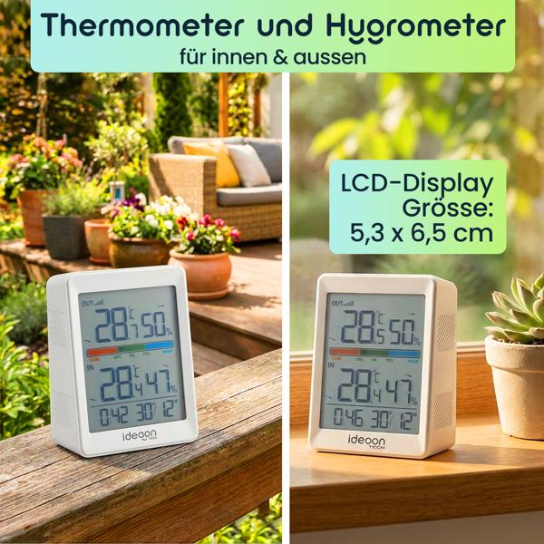 Thermometer und Hygrometer für innen & aussen, inklusive Funk-Aussensensor mit 60m Reichweite - Präzise Messungen für bestes Raumklima