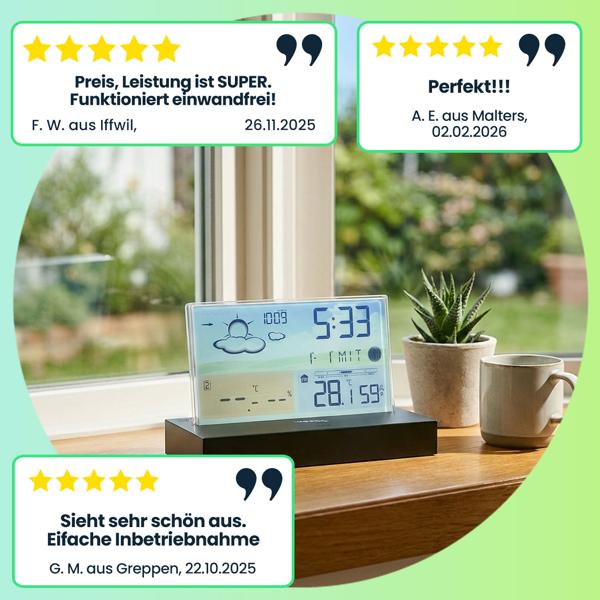 Moderne Funk-Wetterstation farbig: Rahmenloses LCD-Display für präzise Wetterprognose & Hygrometer – Mit Aussensensor