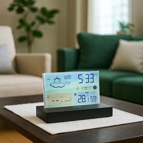 Moderne Funk-Wetterstation farbig: Rahmenloses LCD-Display für präzise Wetterprognose & Hygrometer – Mit Aussensensor