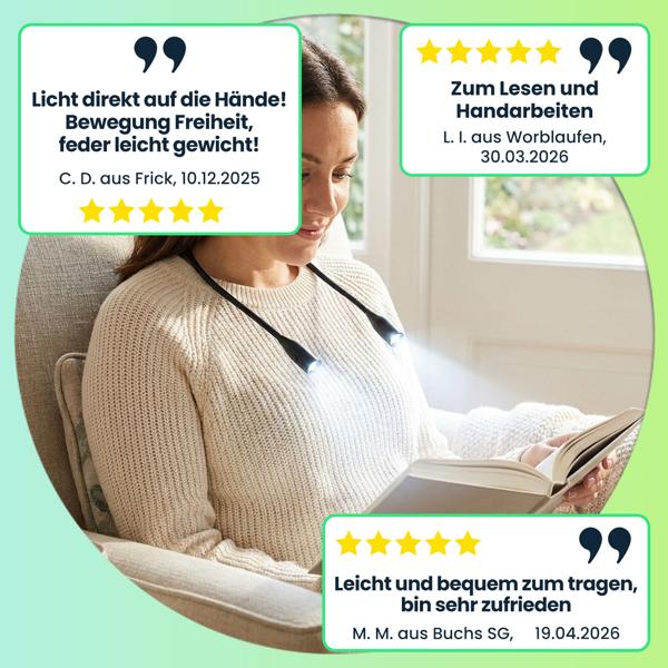 LED-Leseleuchte zum Umhängen – Dimmbare Akku-Leselampe mit 3 Farbtemperaturen, flexiblen Schwanenhälsen & 6 Stunden Leuchtdauer