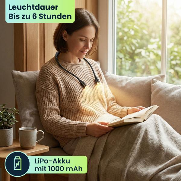 LED-Leseleuchte zum Umhängen – Dimmbare Akku-Leselampe mit 3 Farbtemperaturen, flexiblen Schwanenhälsen & 6 Stunden Leuchtdauer