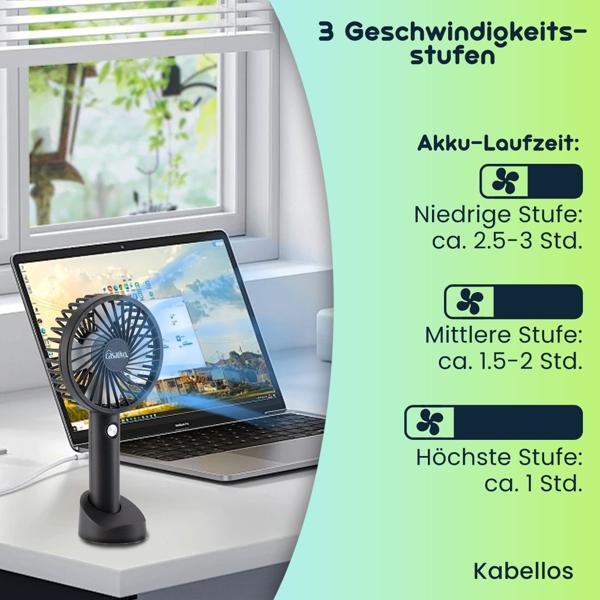 2er-Set Flexibler 2in1 Hand- & Tischventilator (schwarz): Akku- & USB-Betrieb, 3 Stufen für optimale Kühlung, tragbar für Büro, Reise & Zuhause