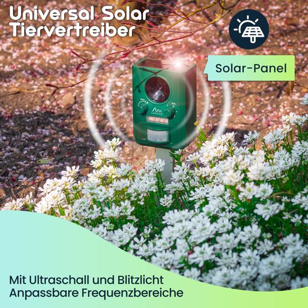 Répulsif Solaire Ultrasons et Flash Lumineux-Détecteur Mouvement 110°-Multifonctionnel Animaux Domestiques Sauvages-Portée 10m-Batterie 800 mAh