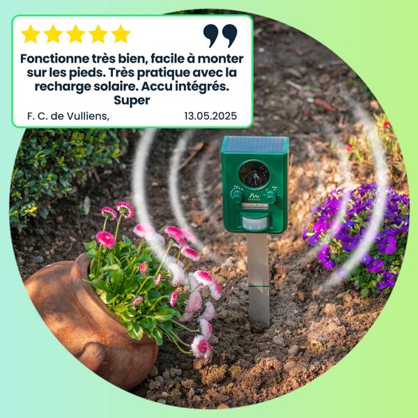 2 Répulsifs Solaires Universels Ultrasons Flash Lumineux - Portée 10m-Détecteur Mouvement 110°-Anti-Chats Chiens Oiseaux Rongeurs-Recharge USB