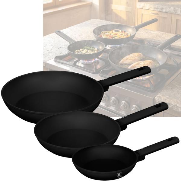 Mattschwarzes 3er Pfannen-Set: Ø 20, 24, 28cm, exzellente Antihaftwirkung, stabil, hitzebeständig & spülmaschinenfest, für perfekte Kochergebnisse