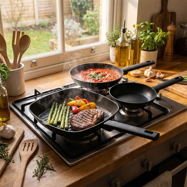 set di 3 padelle di design (nero opaco) - Padelle 20+24 cm, padella per grigliare 28 cm - Alluminio forgiato, titanio, soft-touch - Alta qualità e robustezza