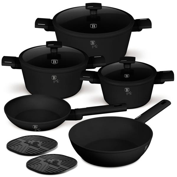 Design Kochset inkl. Untersetzer, Aluminium, 10-teilig, Titan Antihaftbeschichtung, mattschwarz, für alle Herdarten geeignet