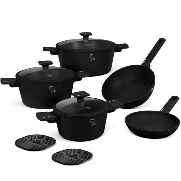 Design Kochset inkl. Untersetzer, Aluminium, 10-teilig, Titan Antihaftbeschichtung, mattschwarz, für alle Herdarten geeignet